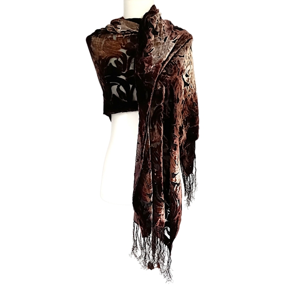 Vtg Silk Velvet Burnout Piano Shawl Scarf Brown Ombre Bohemian Witchy Victorian - Picture 7 of 16